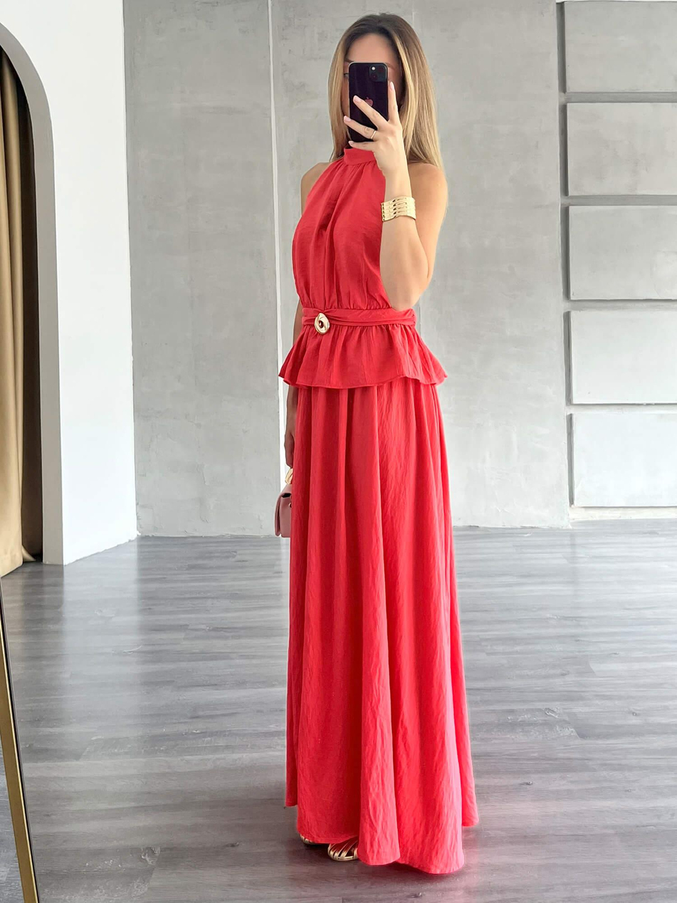 Önü Aksesuarlı Bluz Etek Takım Nar ÇiçeğiCoral