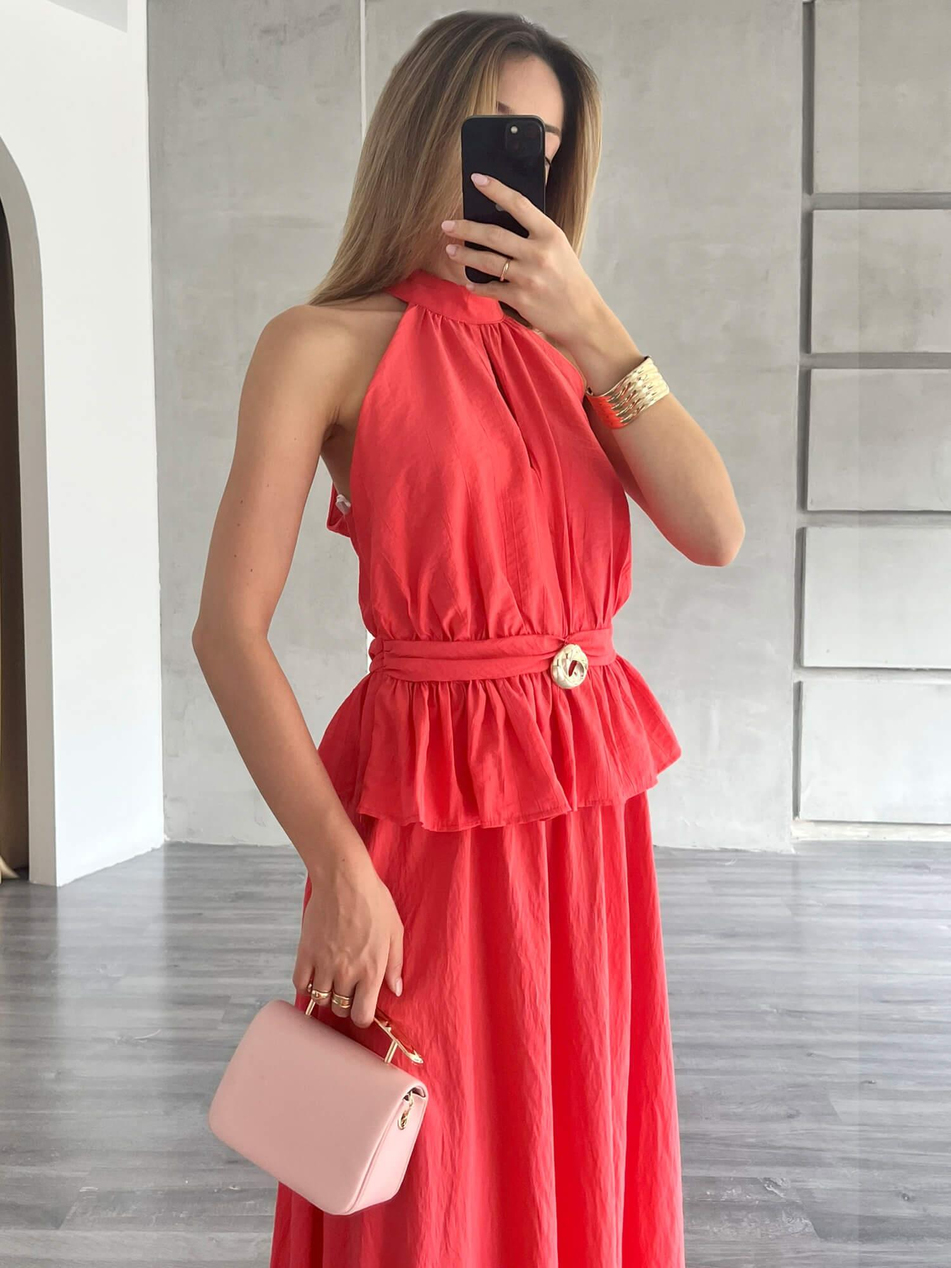 Önü Aksesuarlı Bluz Etek Takım Nar ÇiçeğiCoral