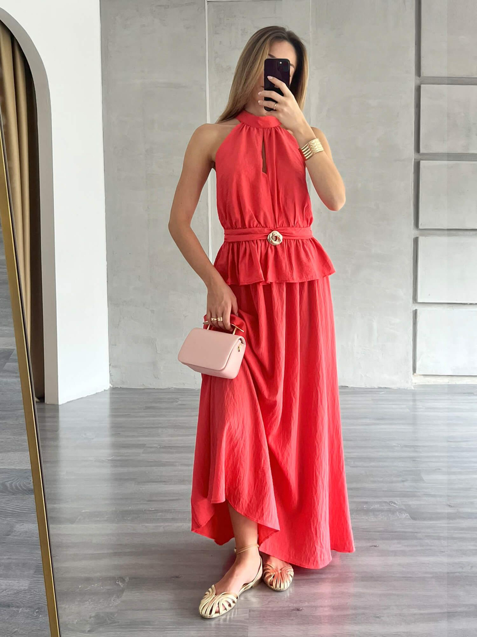 Önü Aksesuarlı Bluz Etek Takım Nar ÇiçeğiCoral