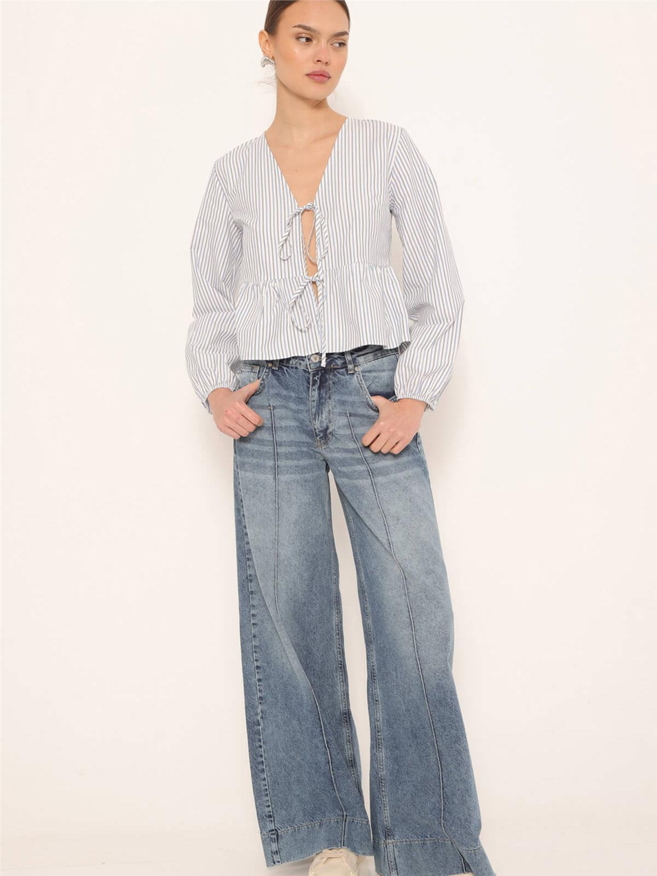 Önü Bağcıklı Çizgili Bluz Açık Mavı-Coral