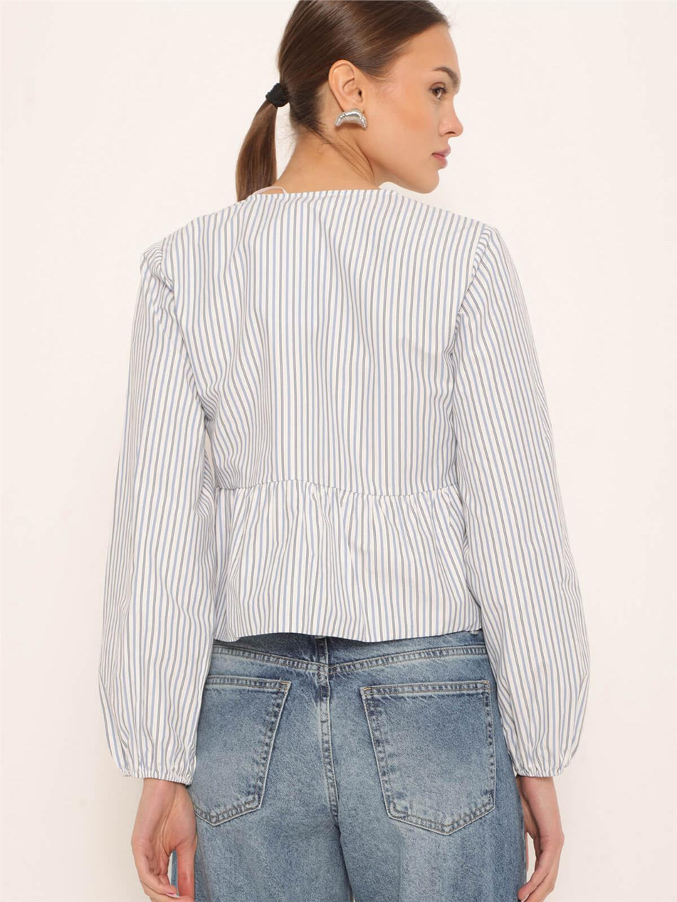 Önü Bağcıklı Çizgili Bluz Açık Mavı-Coral