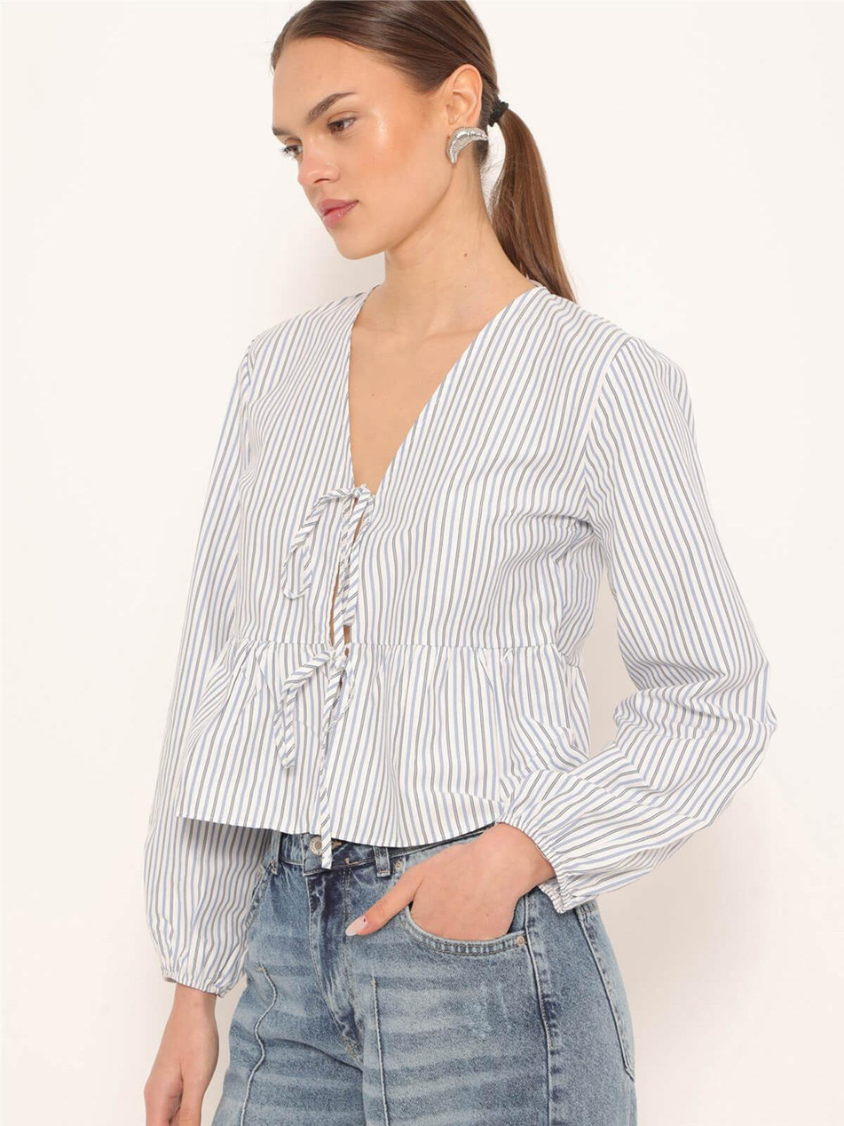 Önü Bağcıklı Çizgili Bluz Açık Mavı-Coral