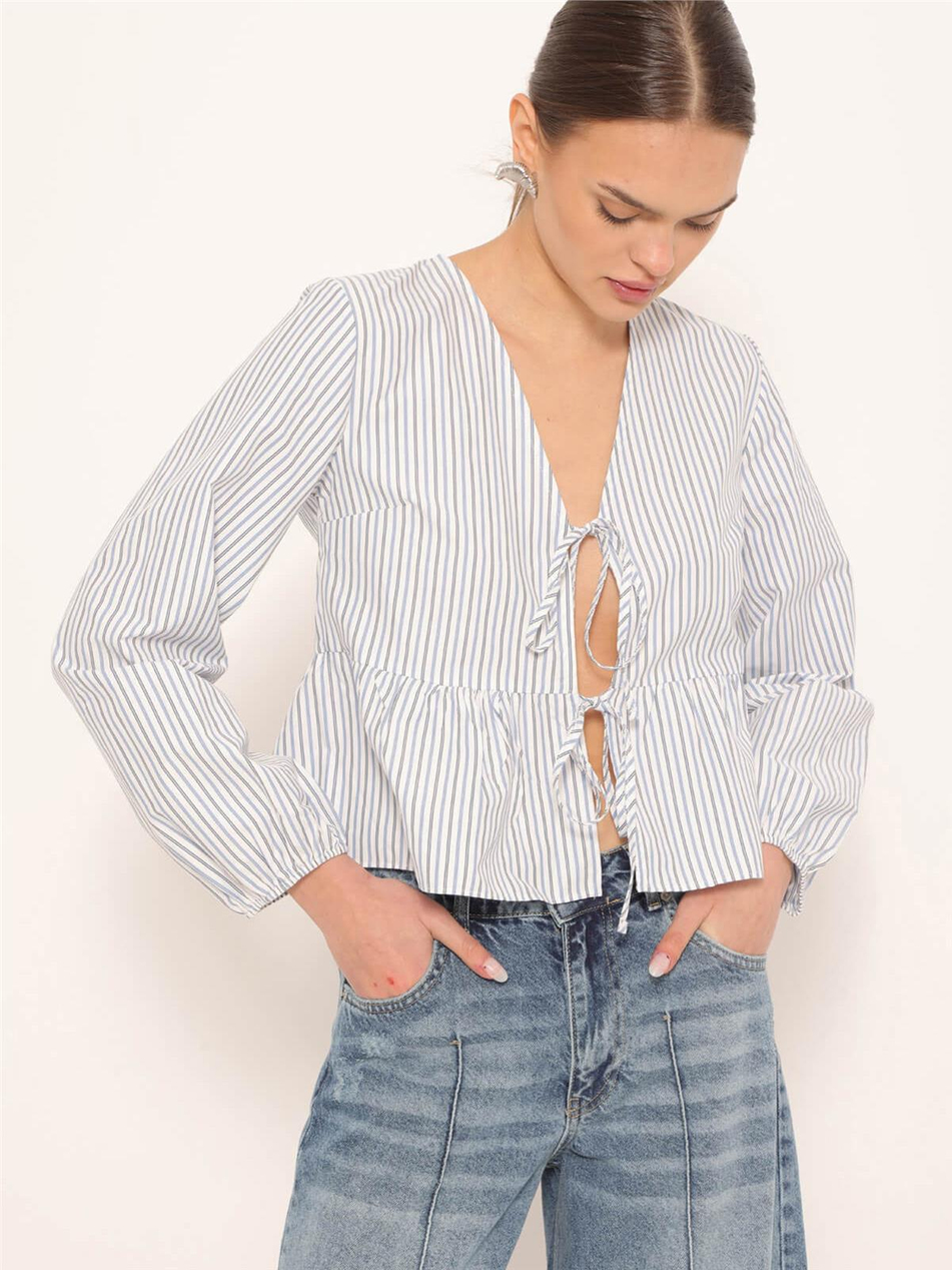 Önü Bağcıklı Çizgili Bluz Açık Mavı-Coral
