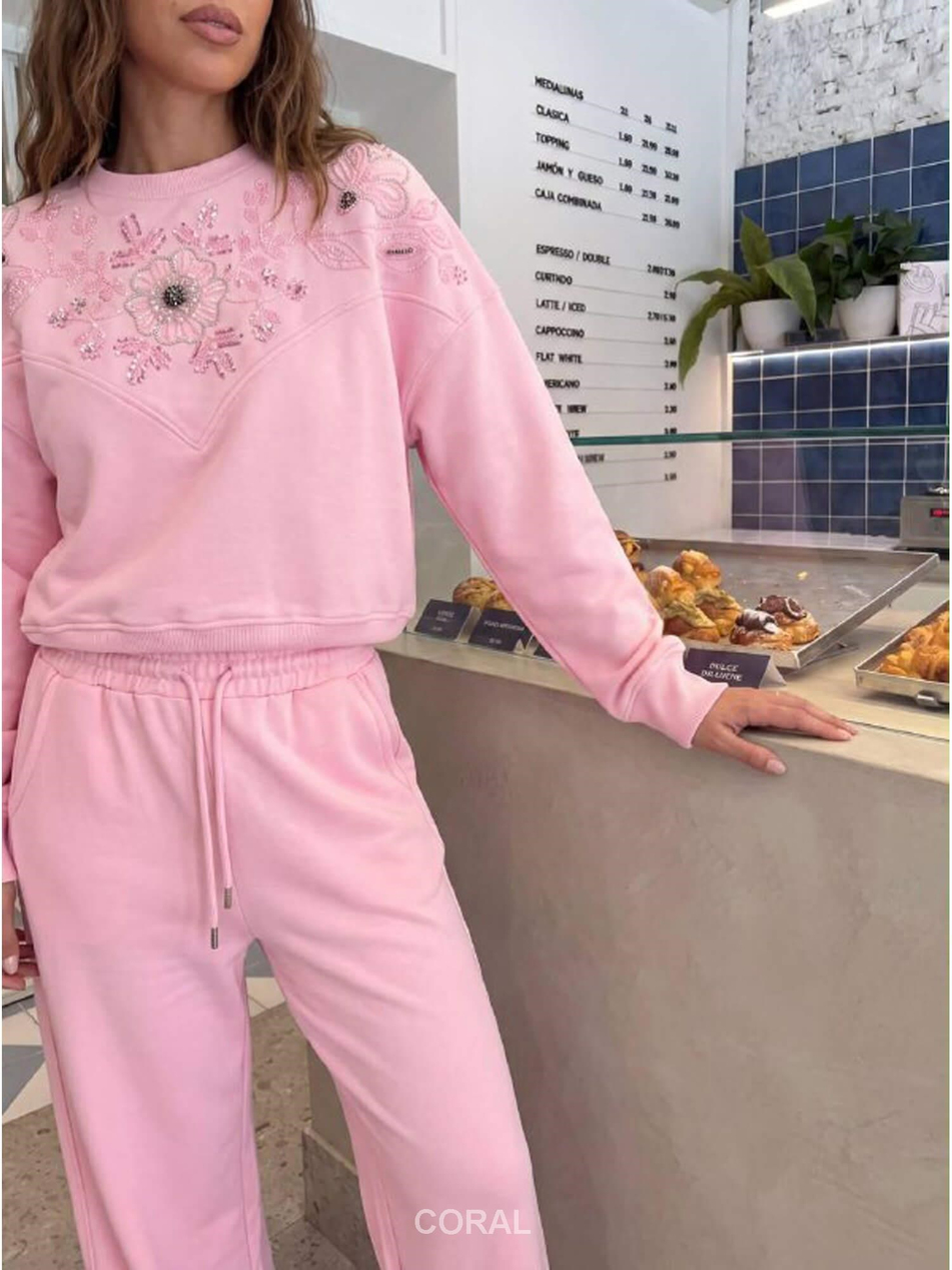 Önü Boncuk İşlemeli Sweatshirt 5974 PembeCoral