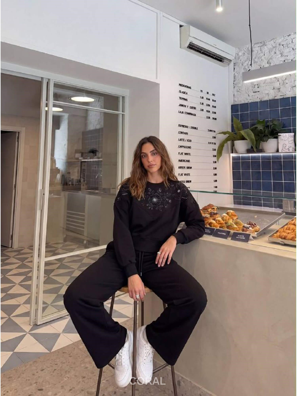 Önü Boncuk İşlemeli Sweatshirt 5974 SiyahCoral