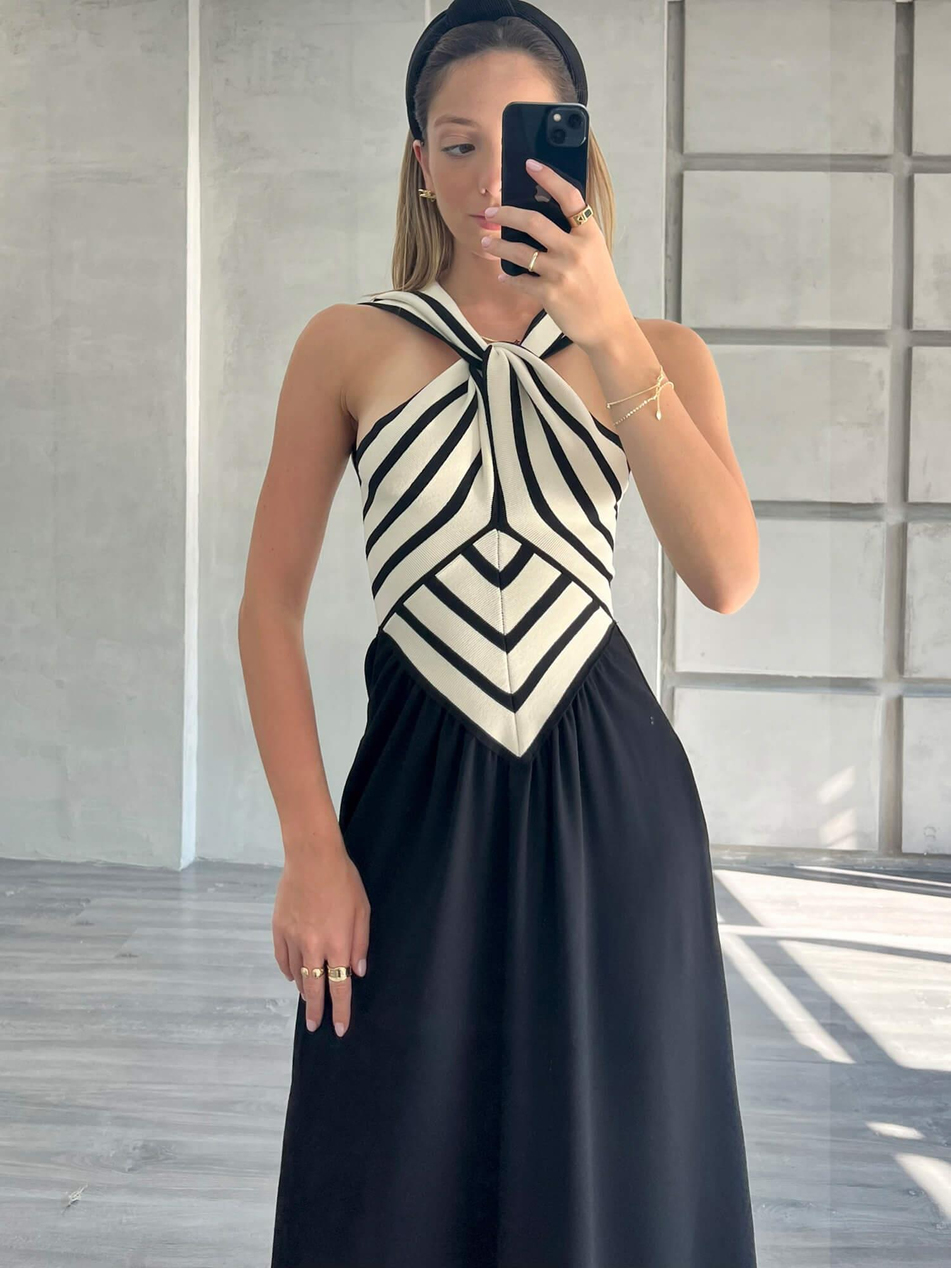 Önü Çapraz Çizgili Elbise Siyah-Coral