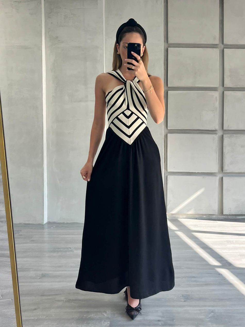 Önü Çapraz Çizgili Elbise Siyah-Coral