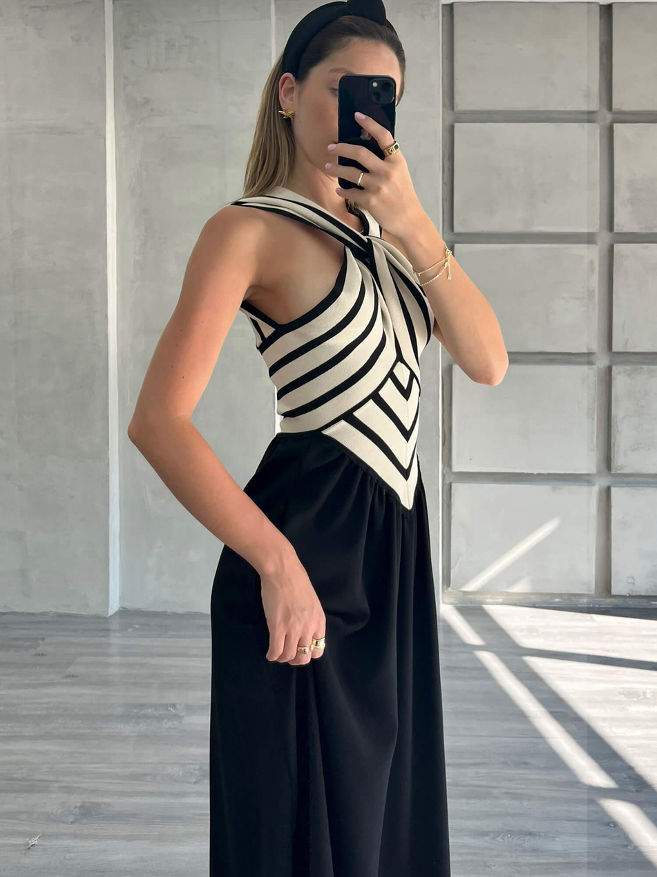 Önü Çapraz Çizgili Elbise Siyah-Coral