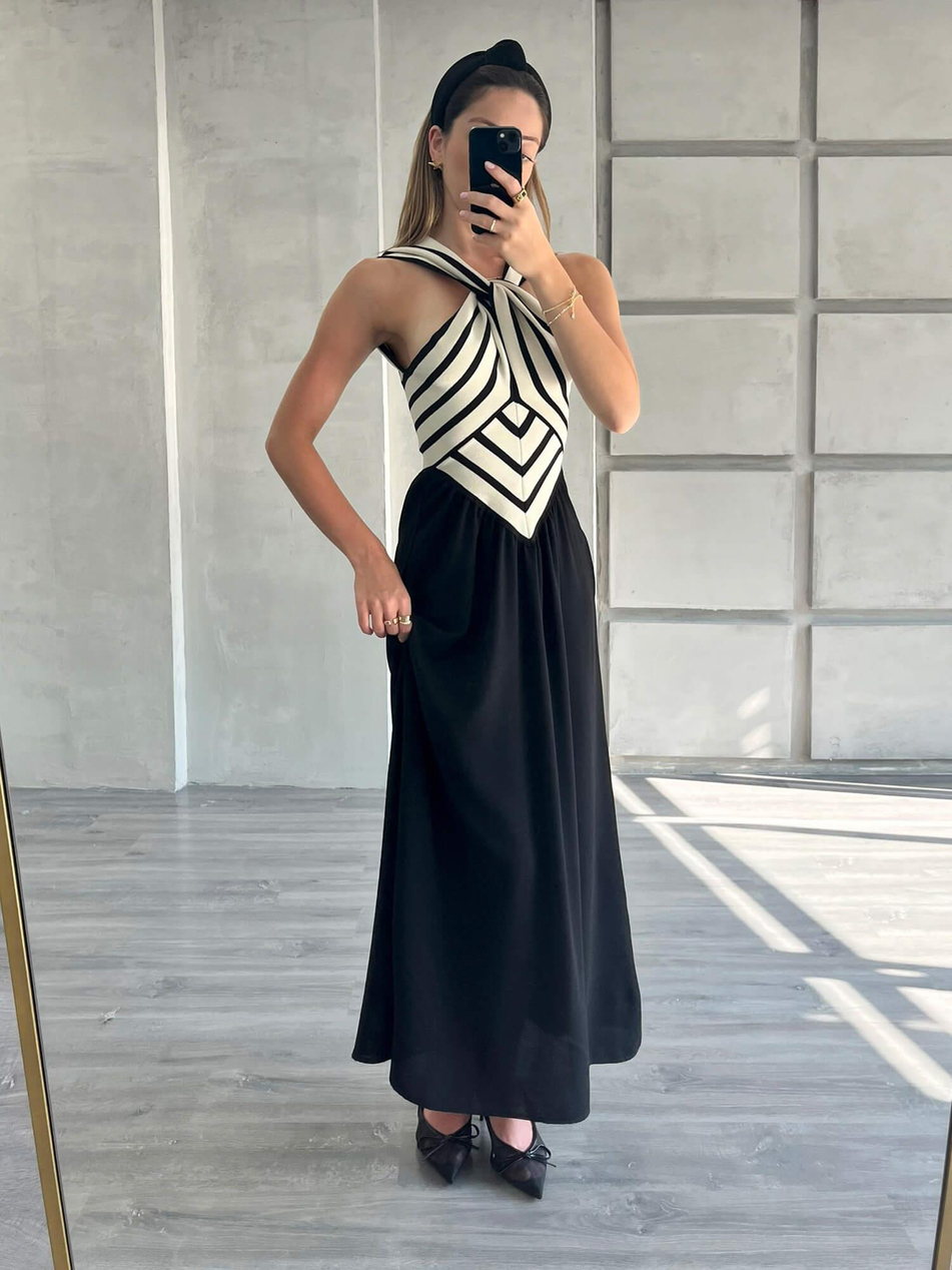 Önü Çapraz Çizgili Elbise Siyah-Coral