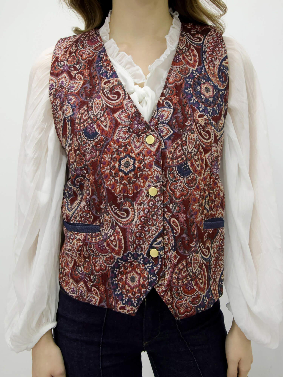 Önü Etnik Desenli Yelek 30684 BordoCoral