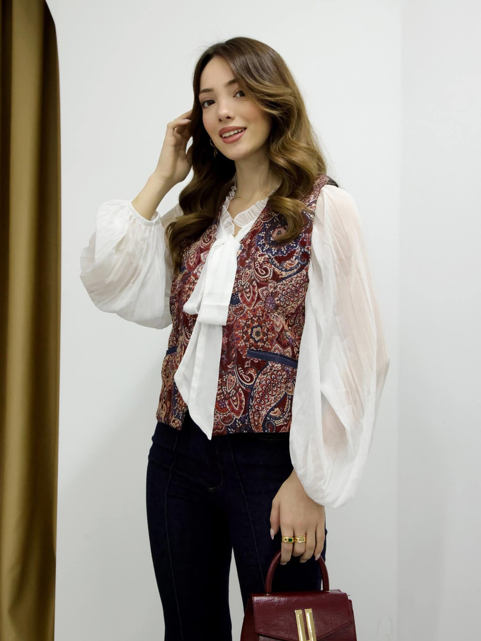 Önü Etnik Desenli Yelek 30684 BordoCoral