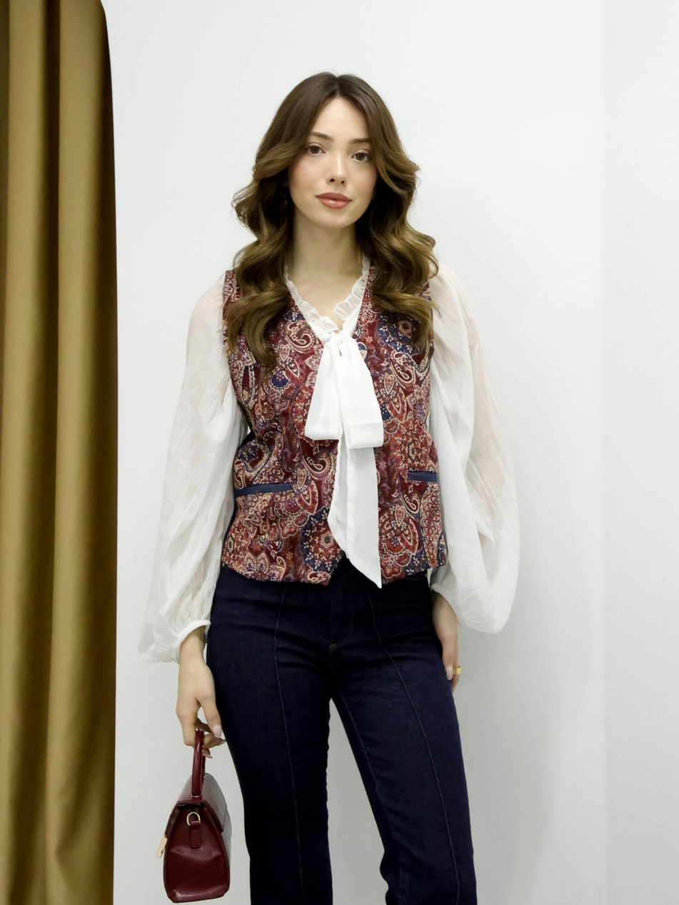 Önü Etnik Desenli Yelek 30684 BordoCoral