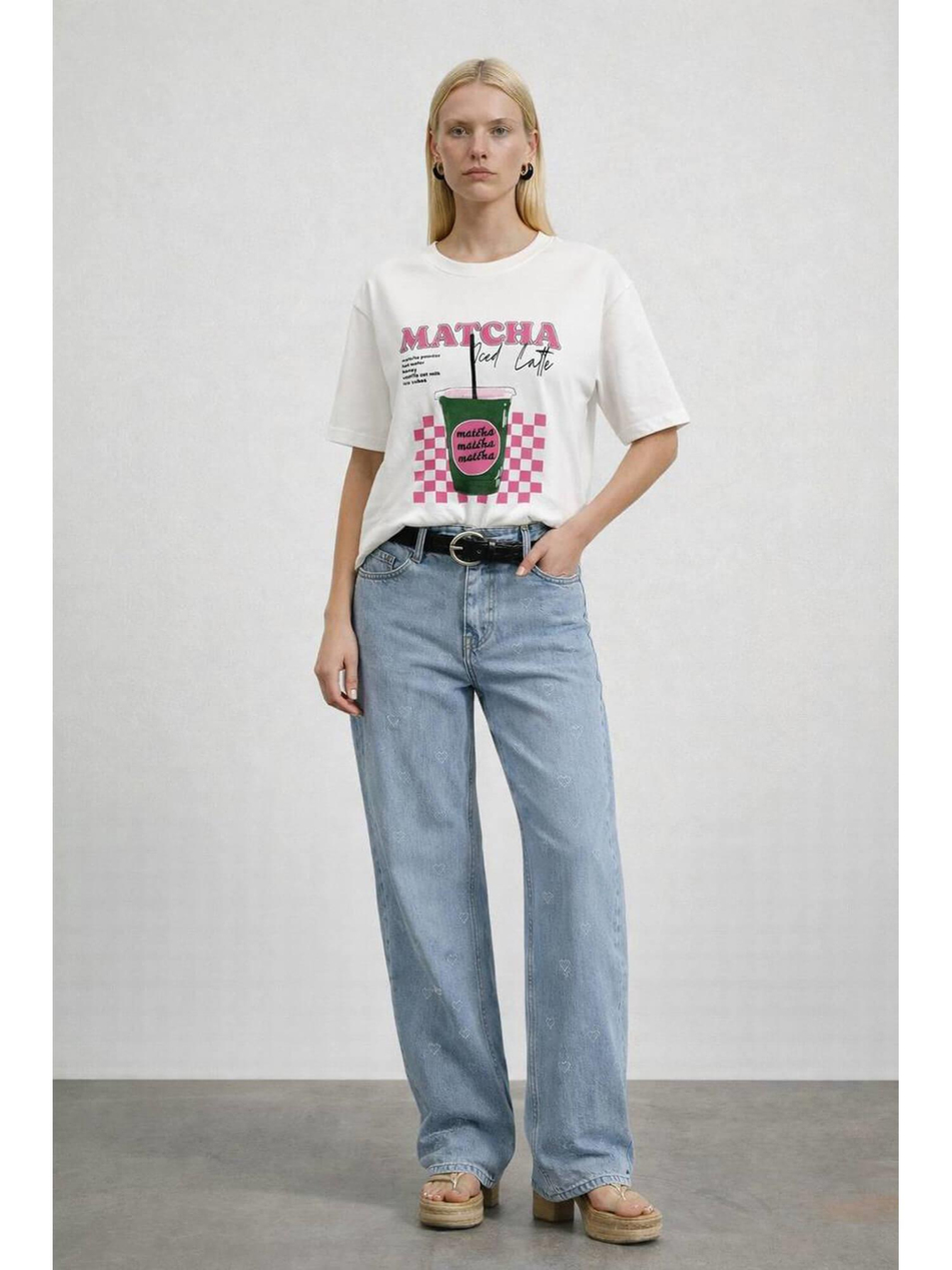 Önü Matcha Baskılı Tişört 8311 EkruCoral