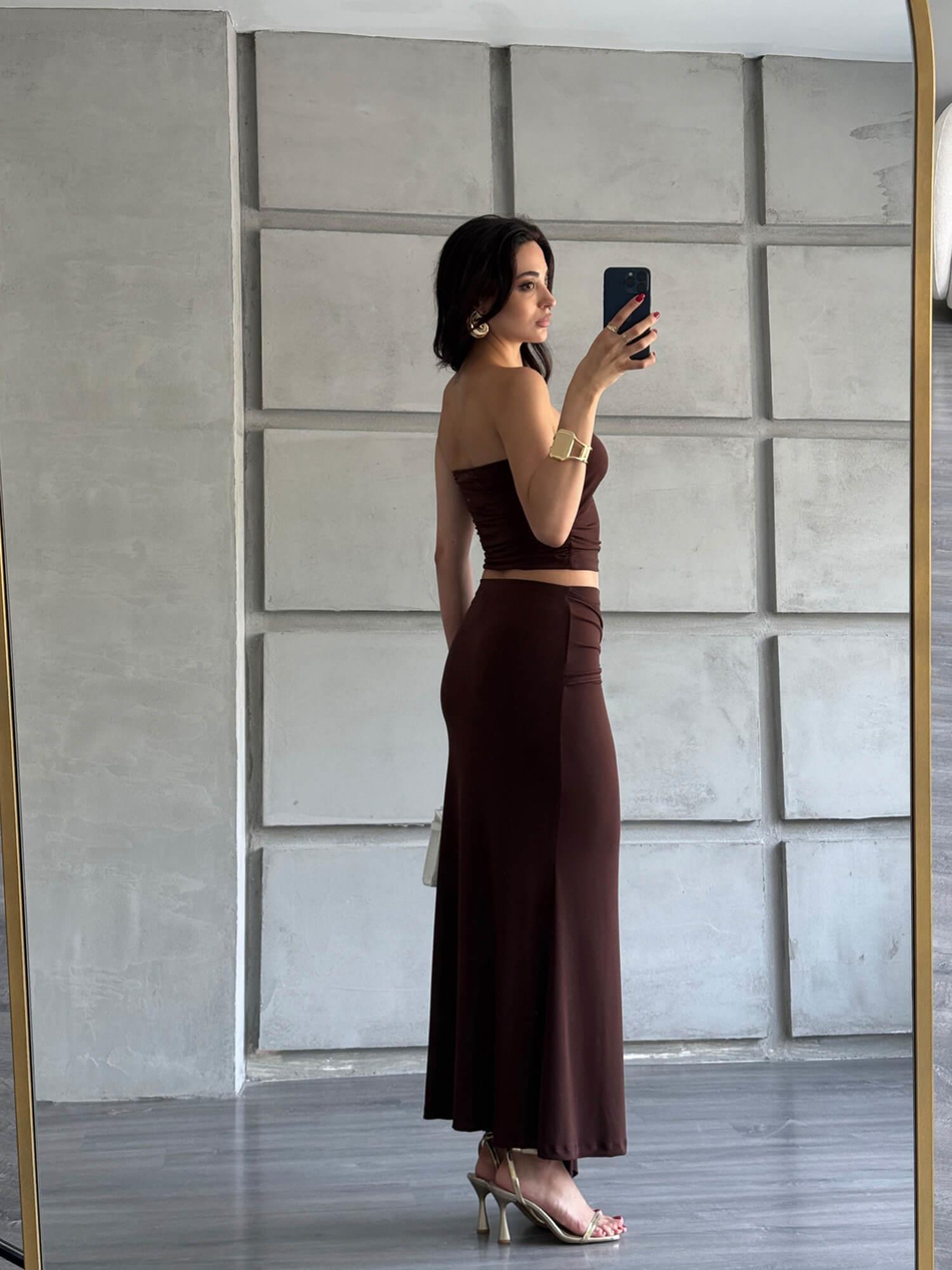 Önü Yıldızlı Büstiyer Etek Takım KahveCoral