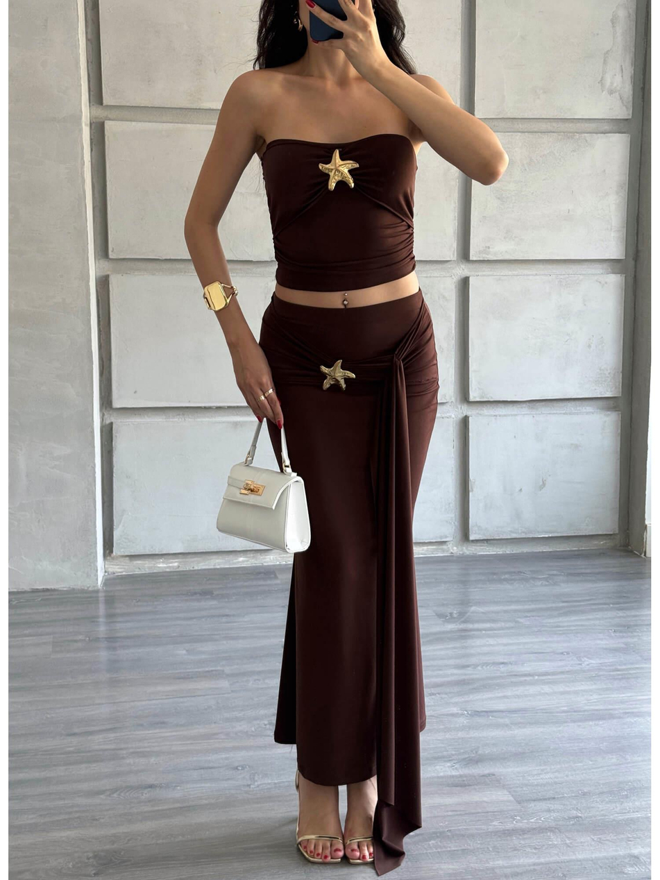 Önü Yıldızlı Büstiyer Etek Takım KahveCoral