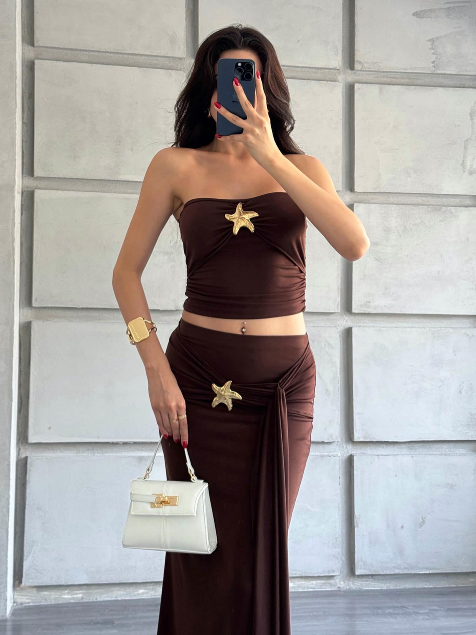 Önü Yıldızlı Büstiyer Etek Takım KahveCoral