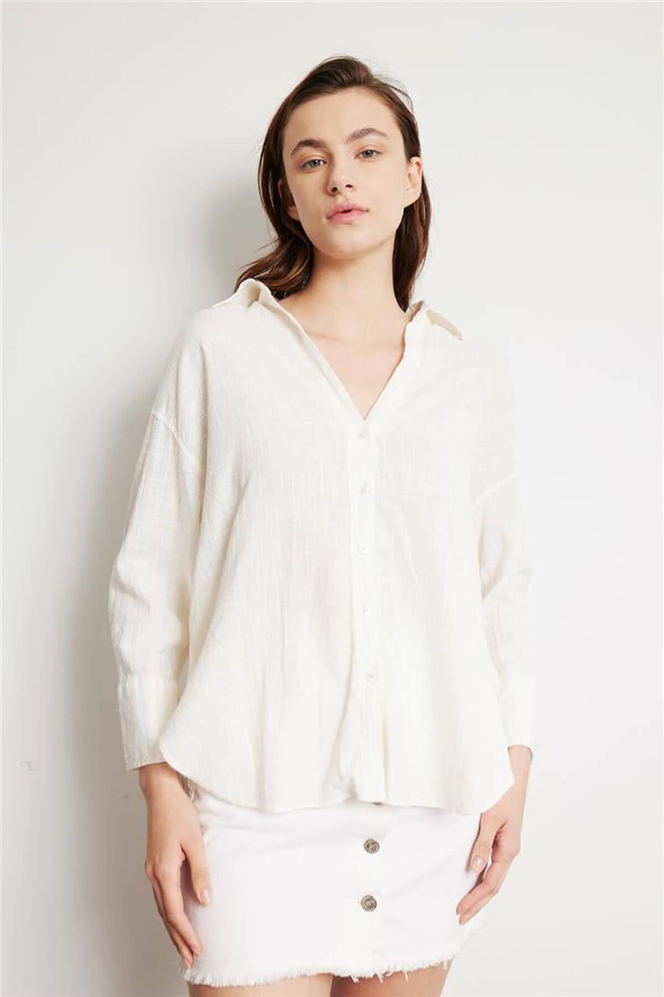 Oversize Keten Gömlek Ekru-Coral
