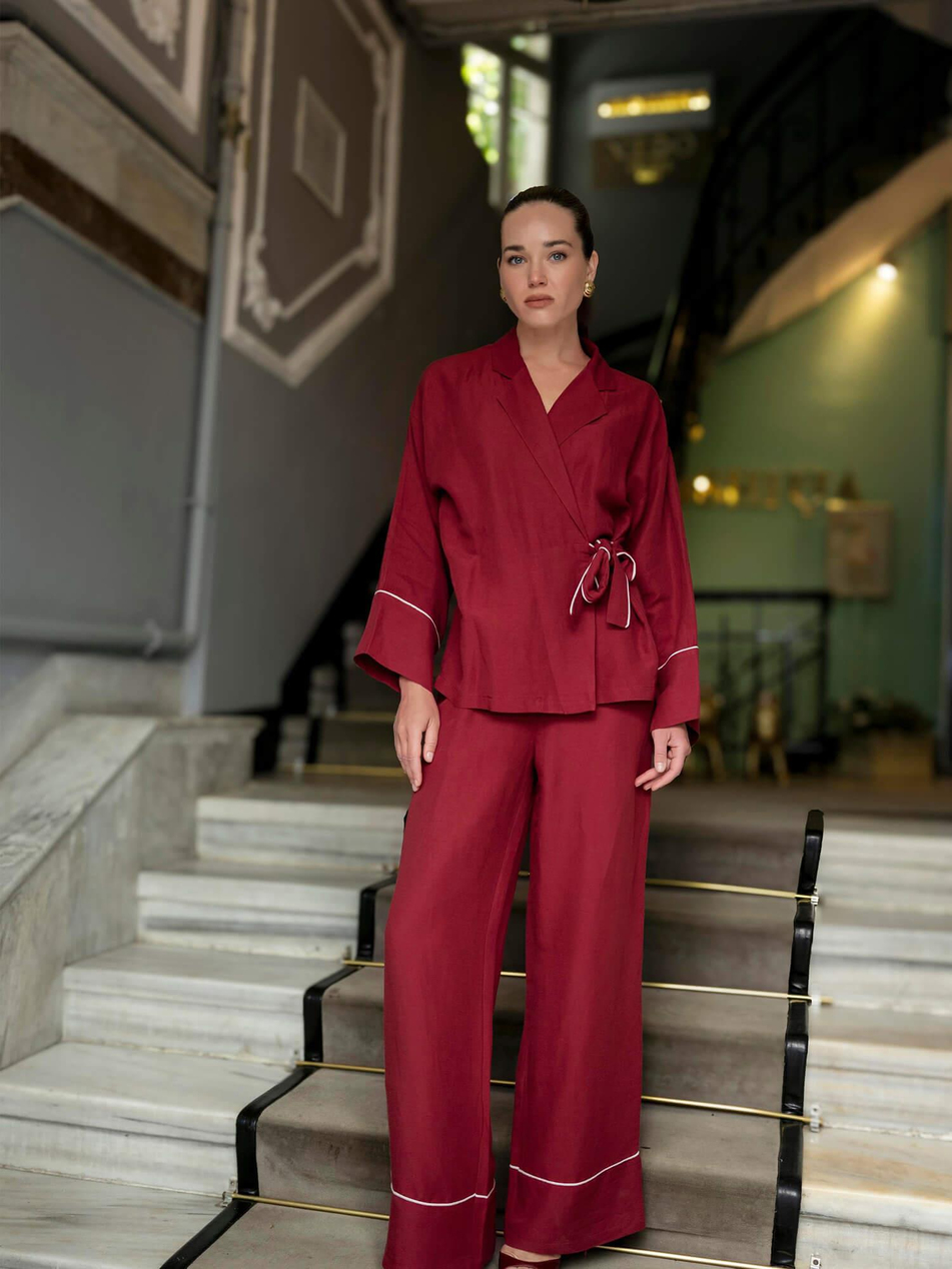 Paçası Çımalı Bağlamalı Bluz Pantolon Takım Bordo