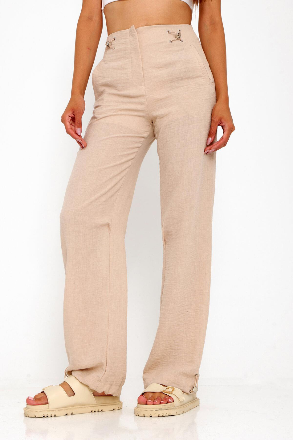 Paçası Lastik Detaylı Bol Pantolon Bej-Coral