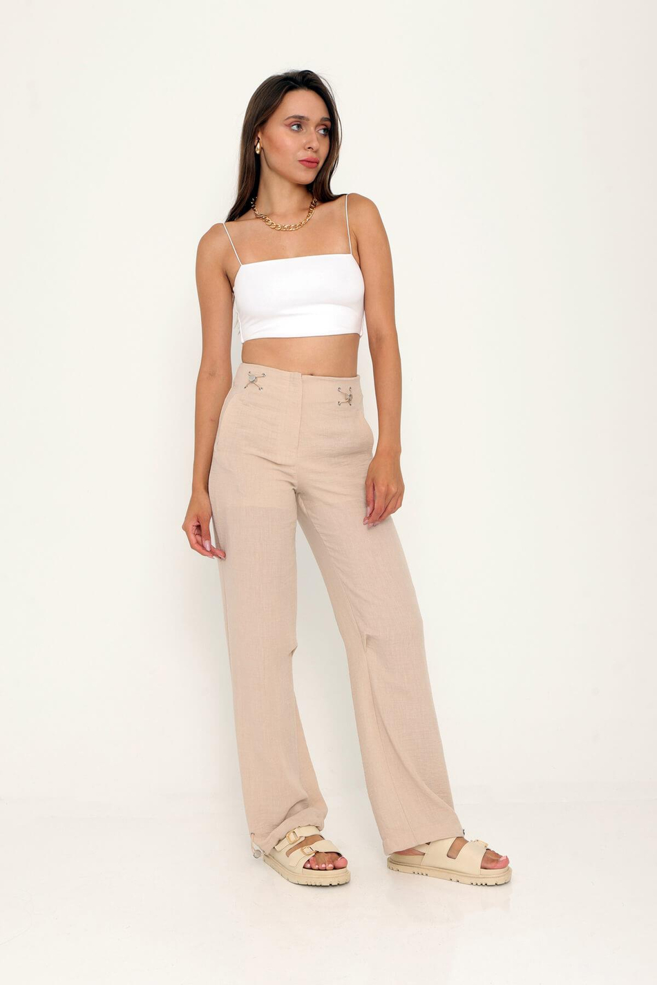 Paçası Lastik Detaylı Bol Pantolon Bej-Coral