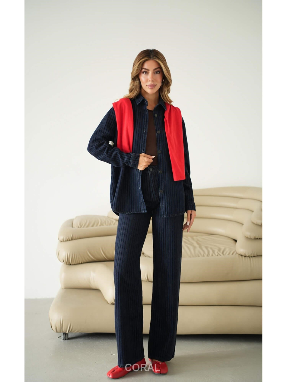 Parlak Çizgili Kot Pantolon 8416 LacivertCoral