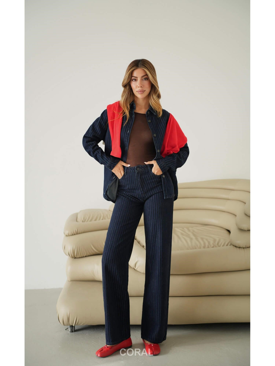 Parlak Çizgili Kot Pantolon 8416 LacivertCoral