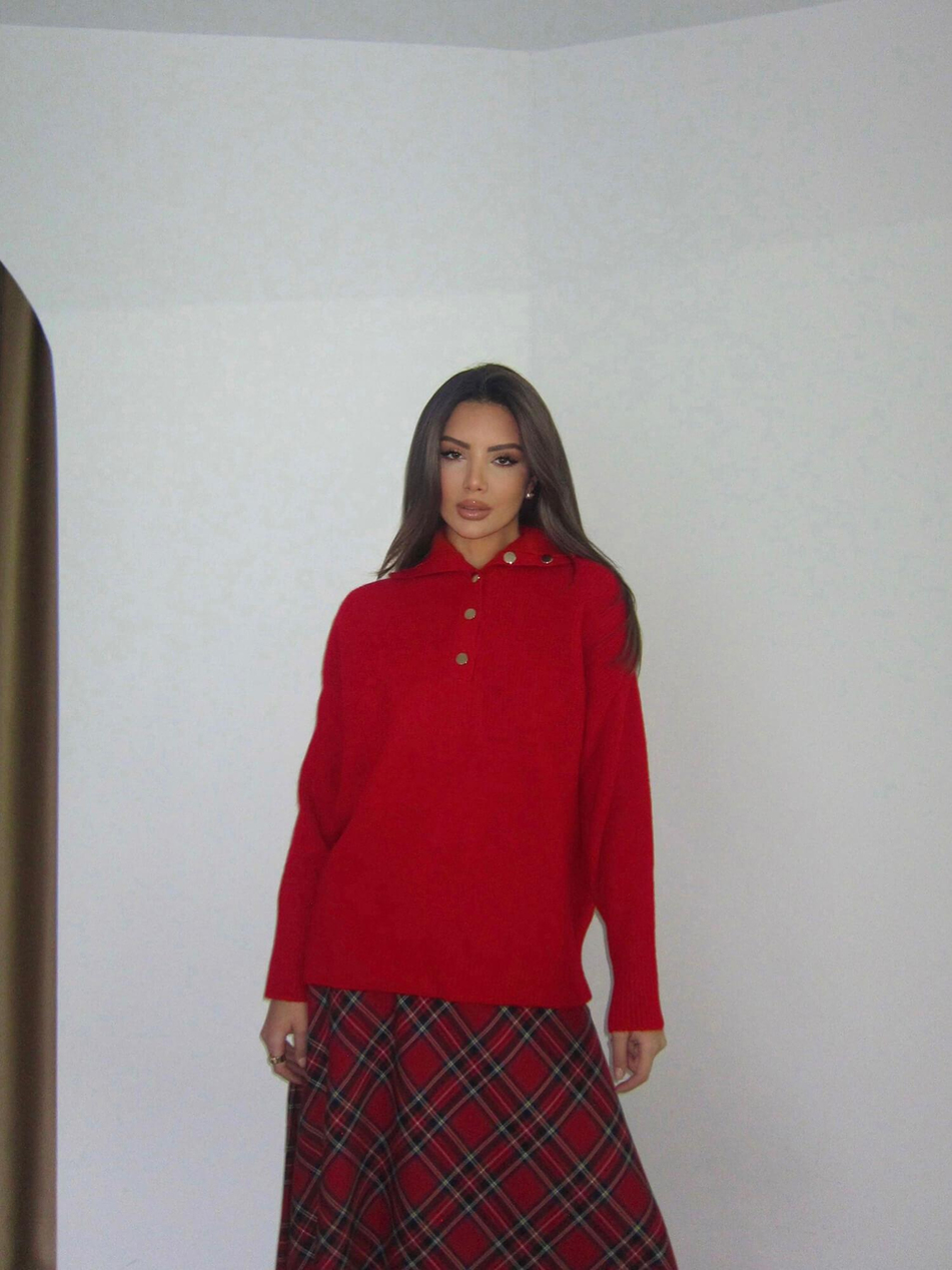 Patlı Polo Yaka Kazak 22733 KırmızıCoral