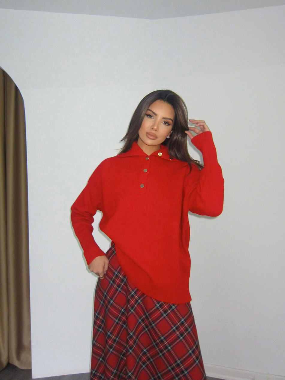 Patlı Polo Yaka Kazak 22733 KırmızıCoral