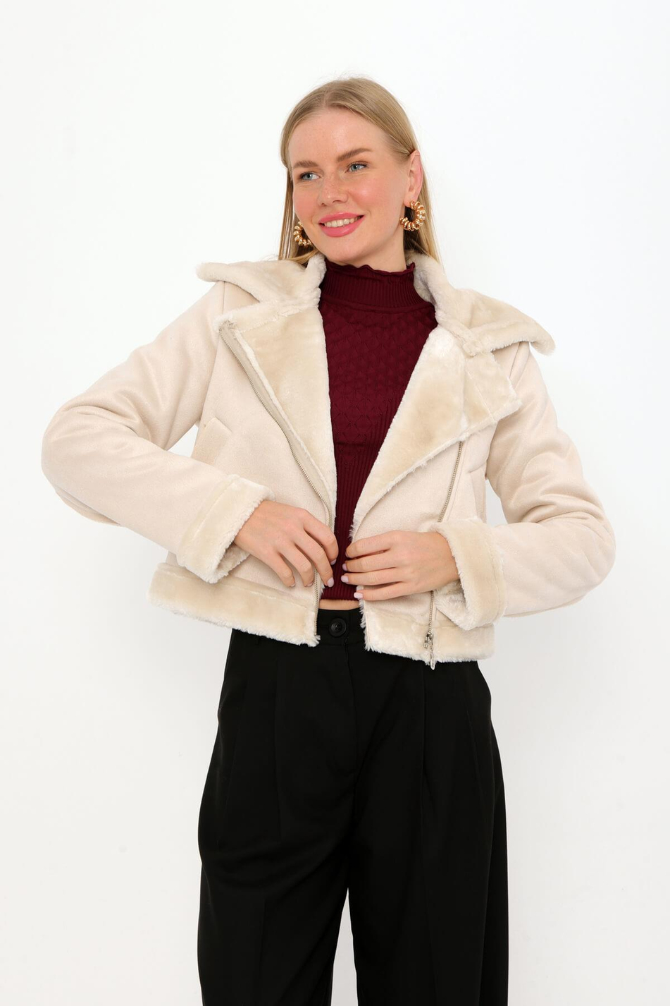 Peluş Detaylı Süet Ceket Taş - Ekru-Coral