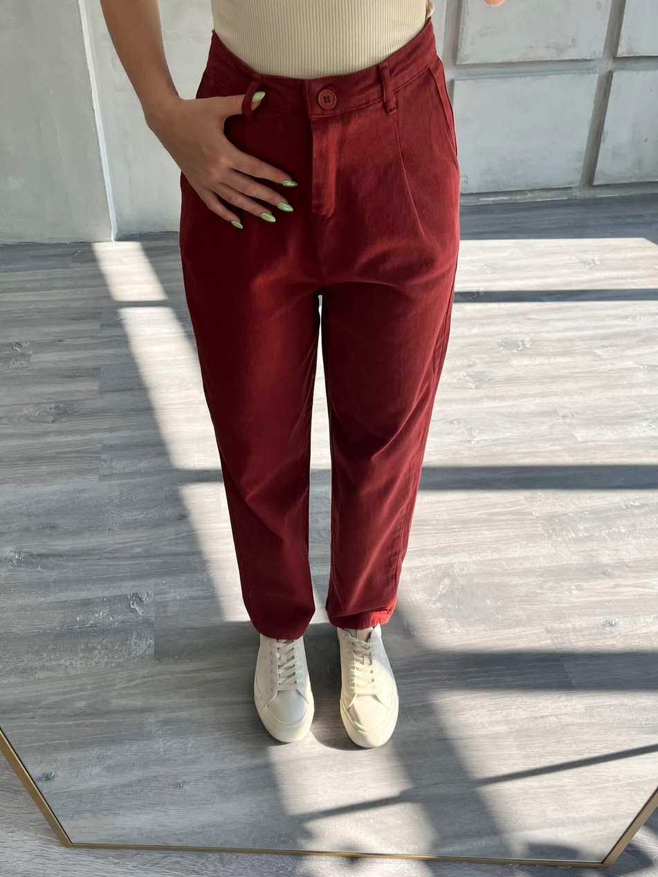 Pileli Gabardin Havuç Pantolon Bordo-Coral