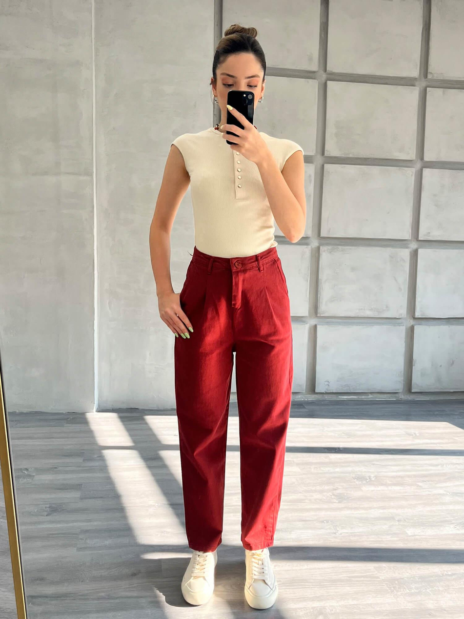 Pileli Gabardin Havuç Pantolon Bordo-Coral