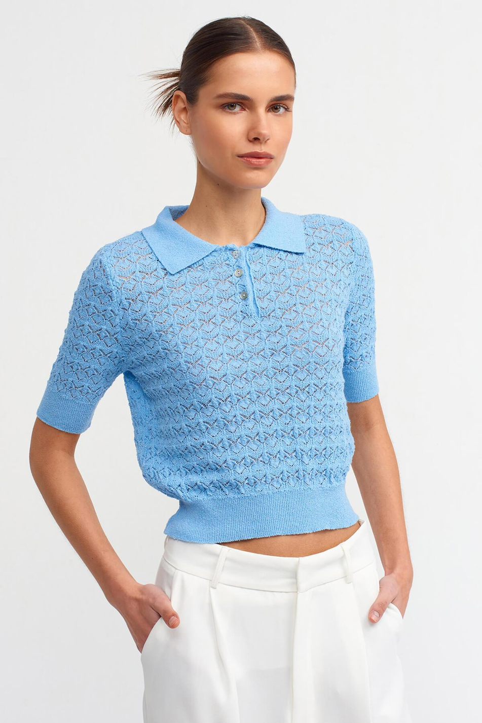 Polo Yaka Ajurlu Düğmeli Kazak Mavi-Coral