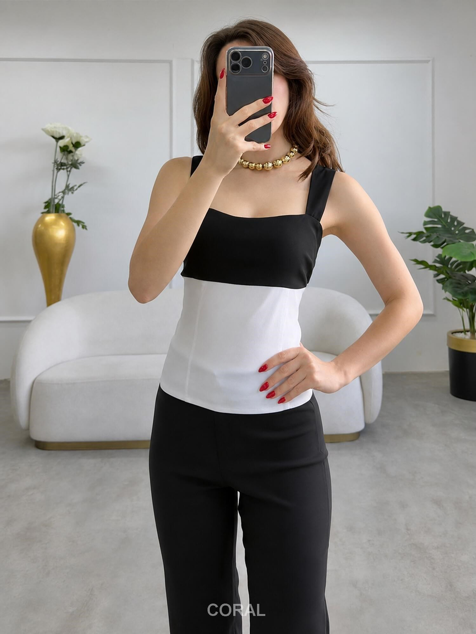 Poplin Garnili Askılı Bluz 18594 Siyah / BeyazCoral