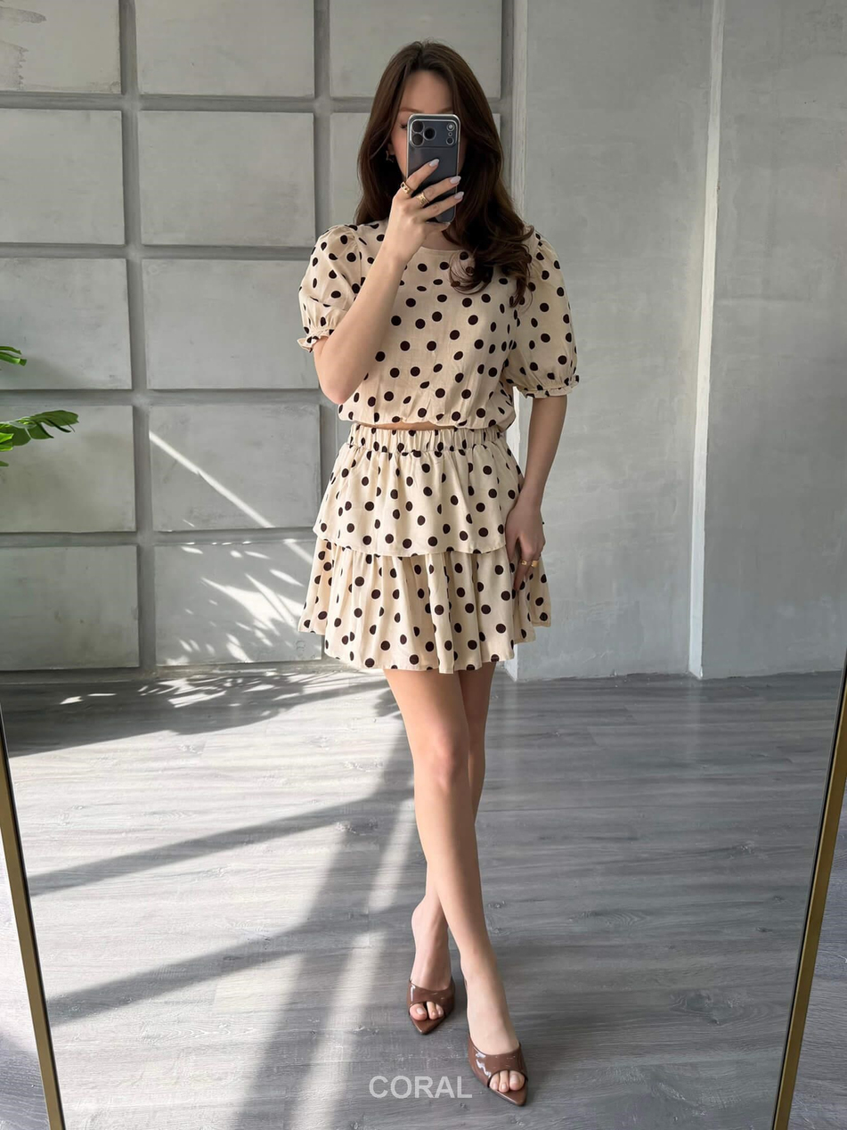 Puantiye Desenli Katlı Etek 2370 Bej / KahveCoral