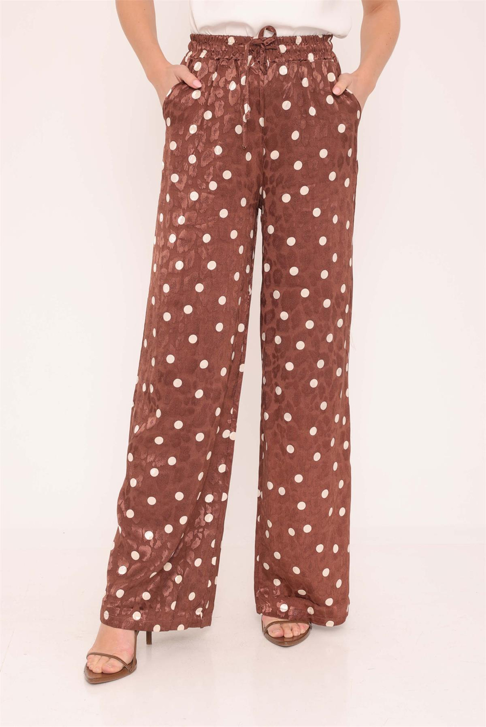 Puantiye Desenli Saten Pantolon Kahve-Coral