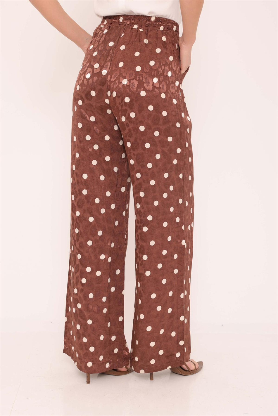 Puantiye Desenli Saten Pantolon Kahve-Coral