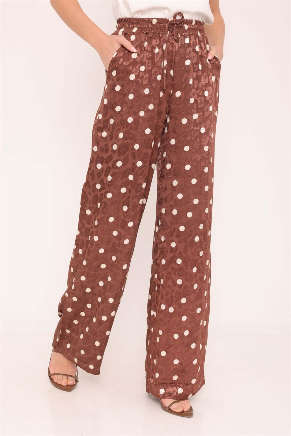 Puantiye Desenli Saten Pantolon Kahve-Coral