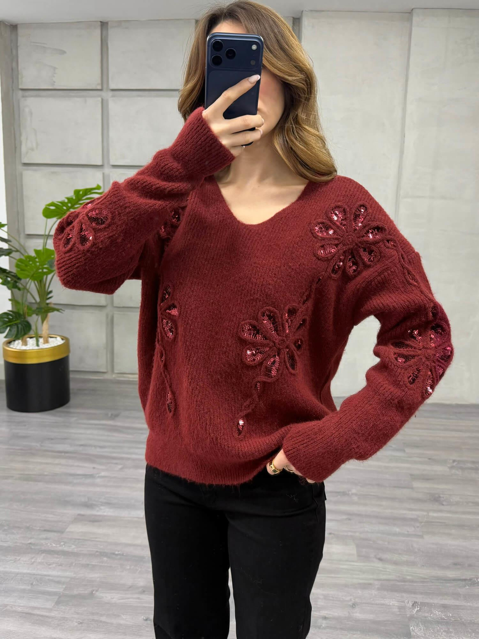 Pullu Çiçek İşlemeli V Yaka Kazak 7718 BordoCoral
