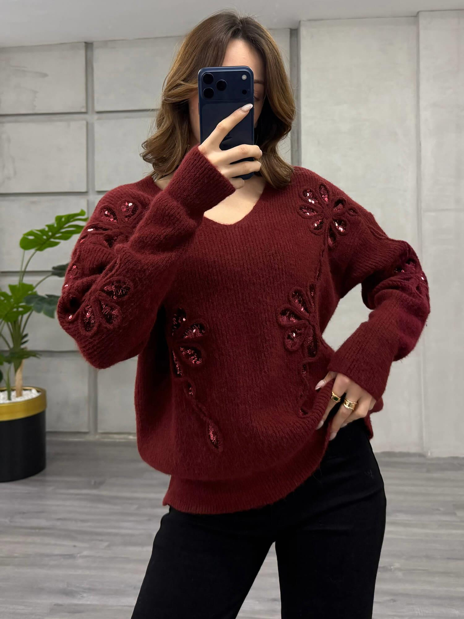 Pullu Çiçek İşlemeli V Yaka Kazak 7718 BordoCoral