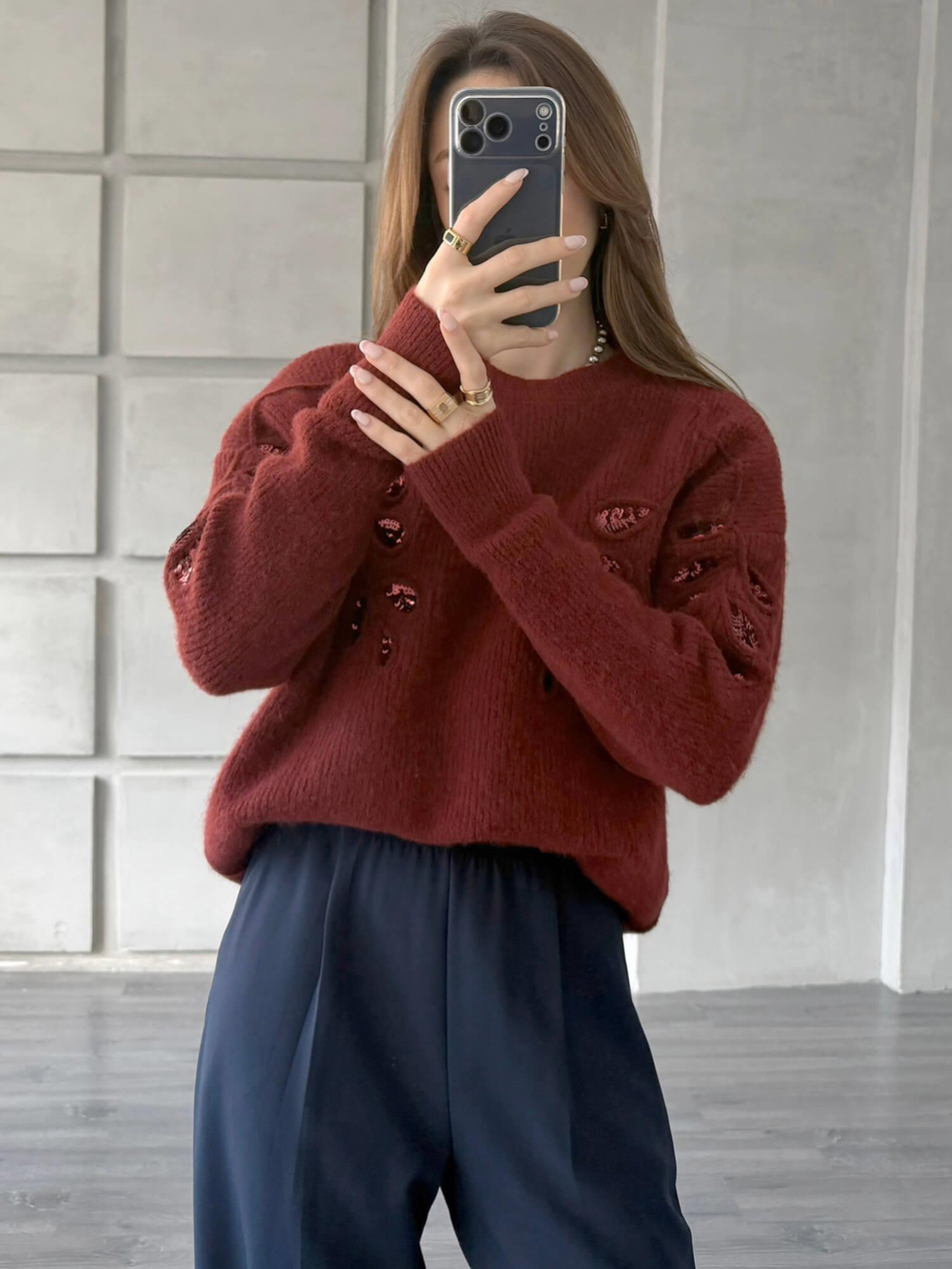 Pullu İşlemeli Kazak 7720 BordoCoral