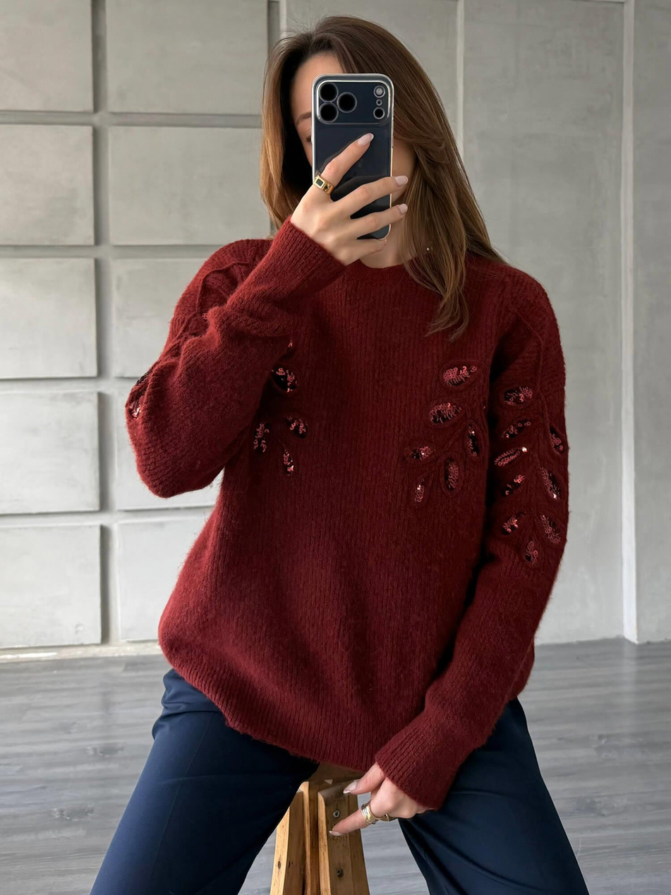 Pullu İşlemeli Kazak 7720 Bordo