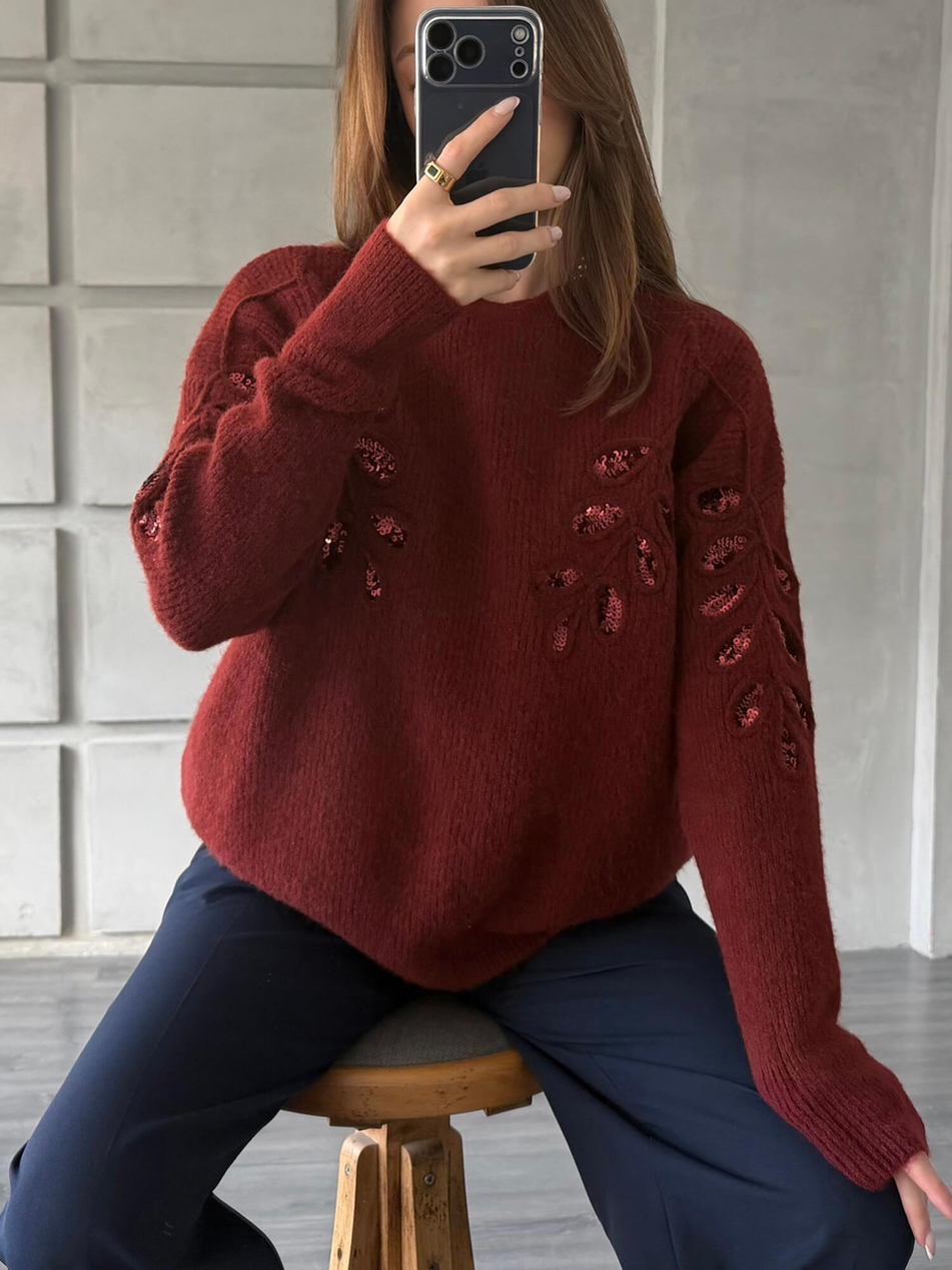 Pullu İşlemeli Kazak 7720 BordoCoral