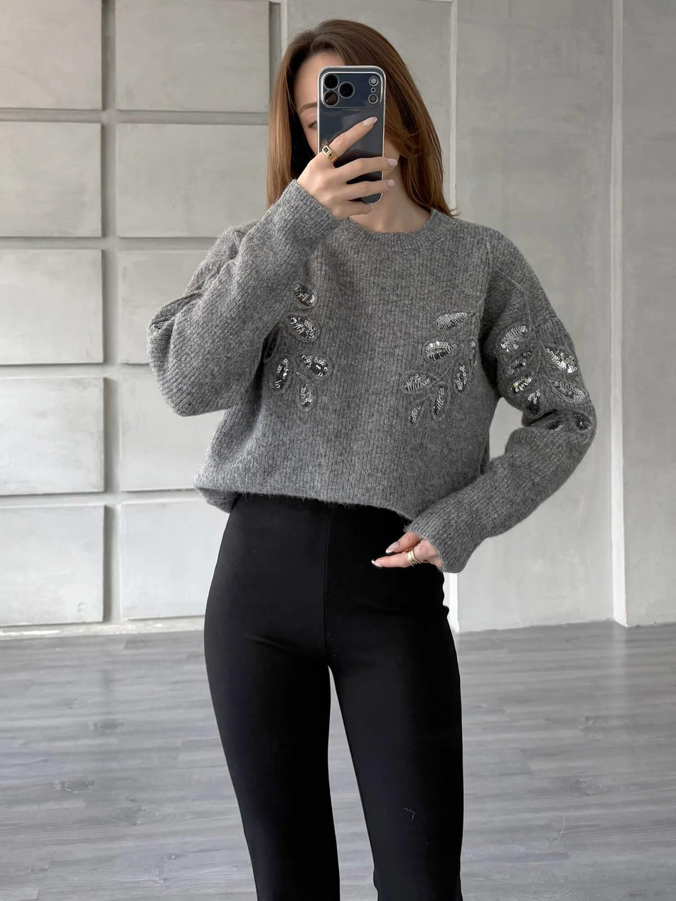 Pullu İşlemeli Kazak 7720 GriCoral