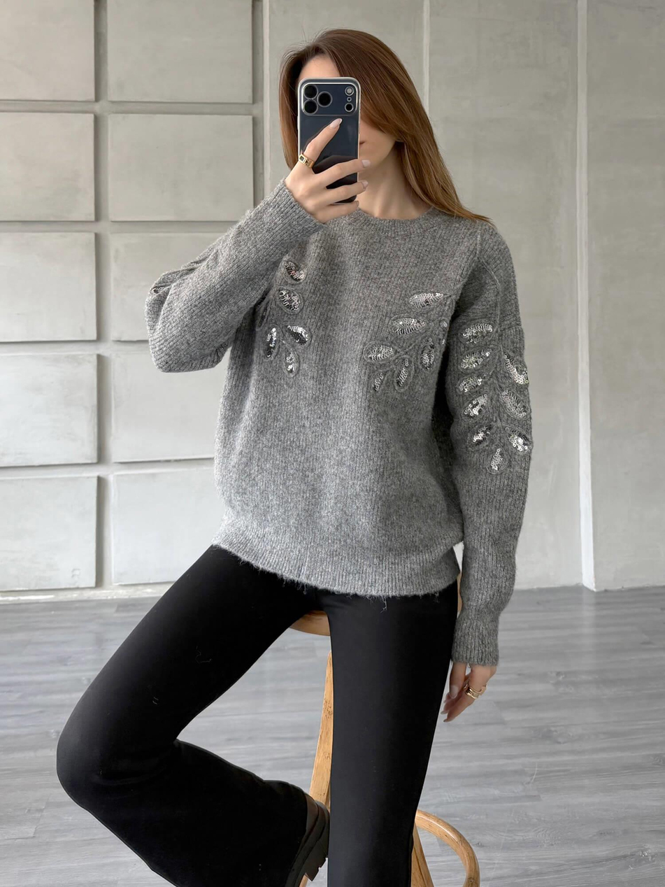 Pullu İşlemeli Kazak 7720 GriCoral