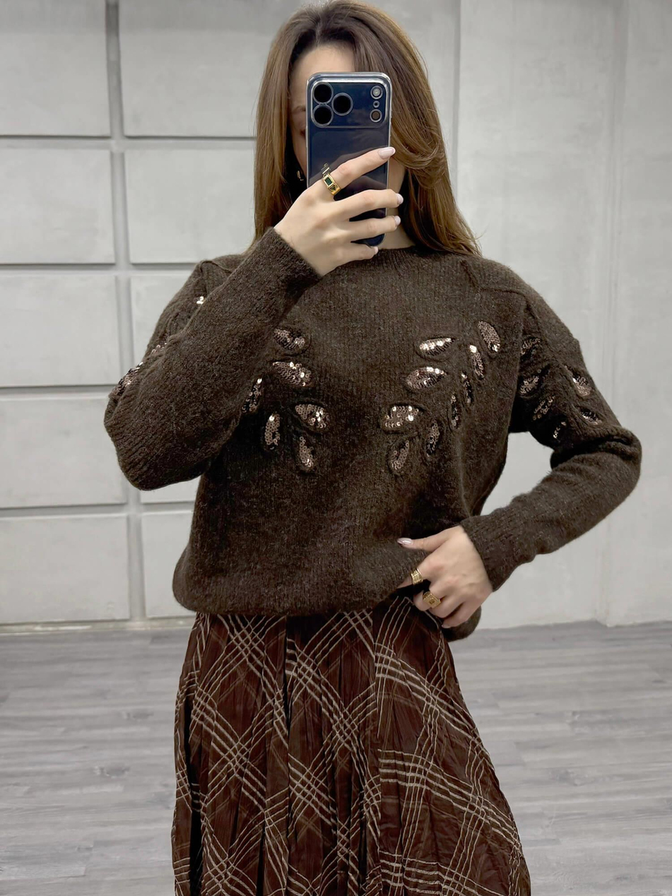 Pullu İşlemeli Kazak 7720 KahveCoral