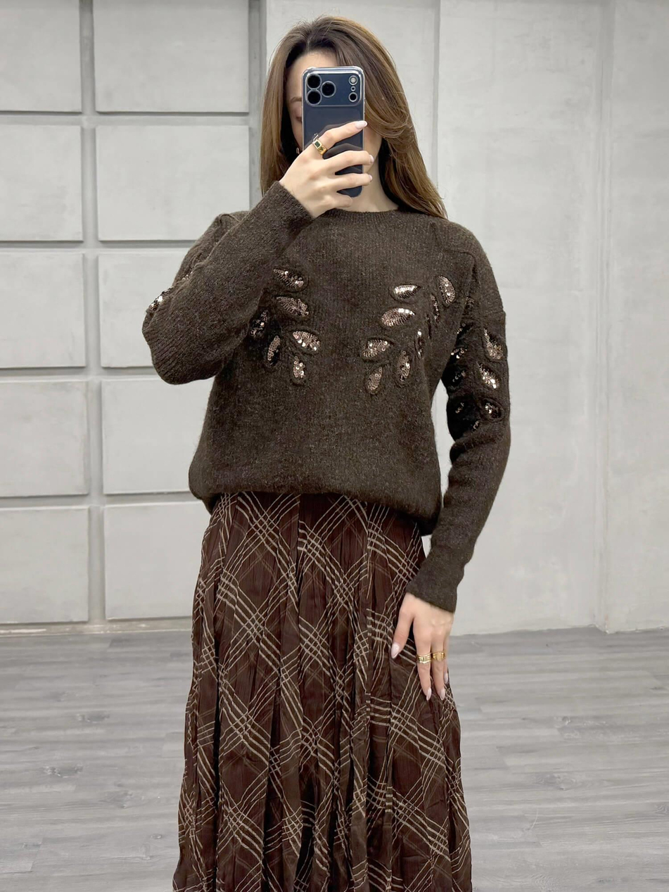 Pullu İşlemeli Kazak 7720 KahveCoral