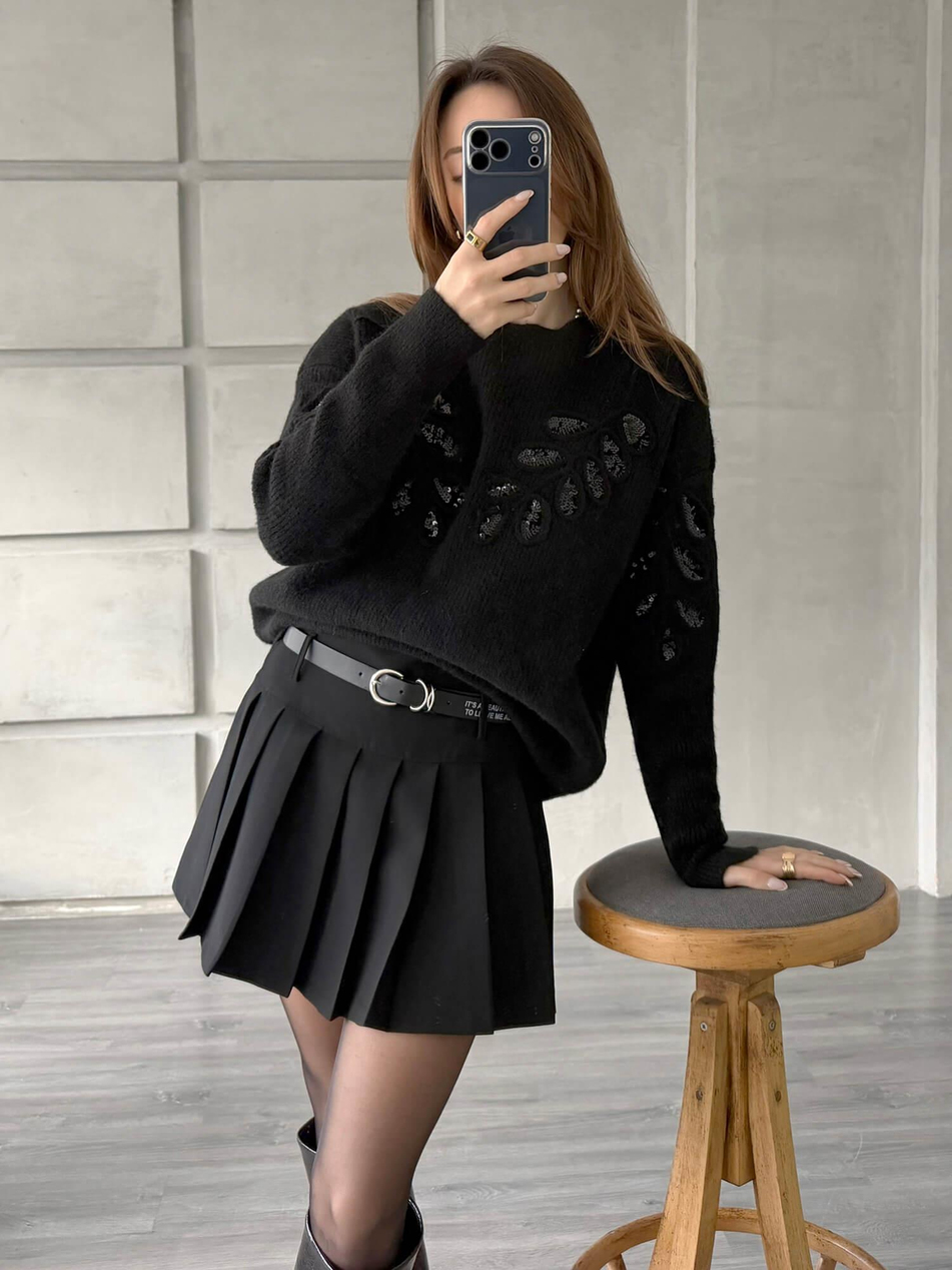 Pullu İşlemeli Kazak 7720 Siyah