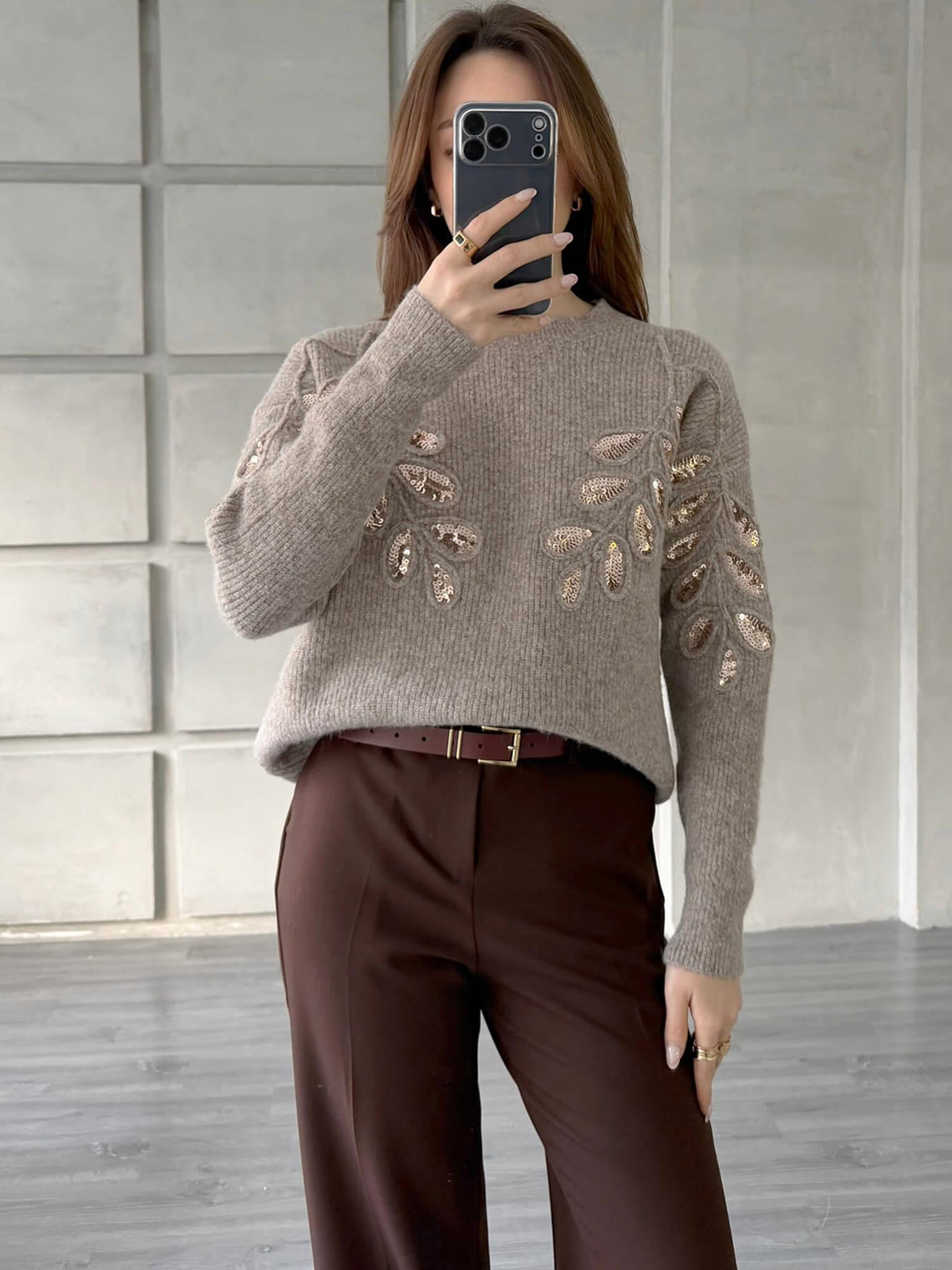 Pullu İşlemeli Kazak 7720 VizonCoral