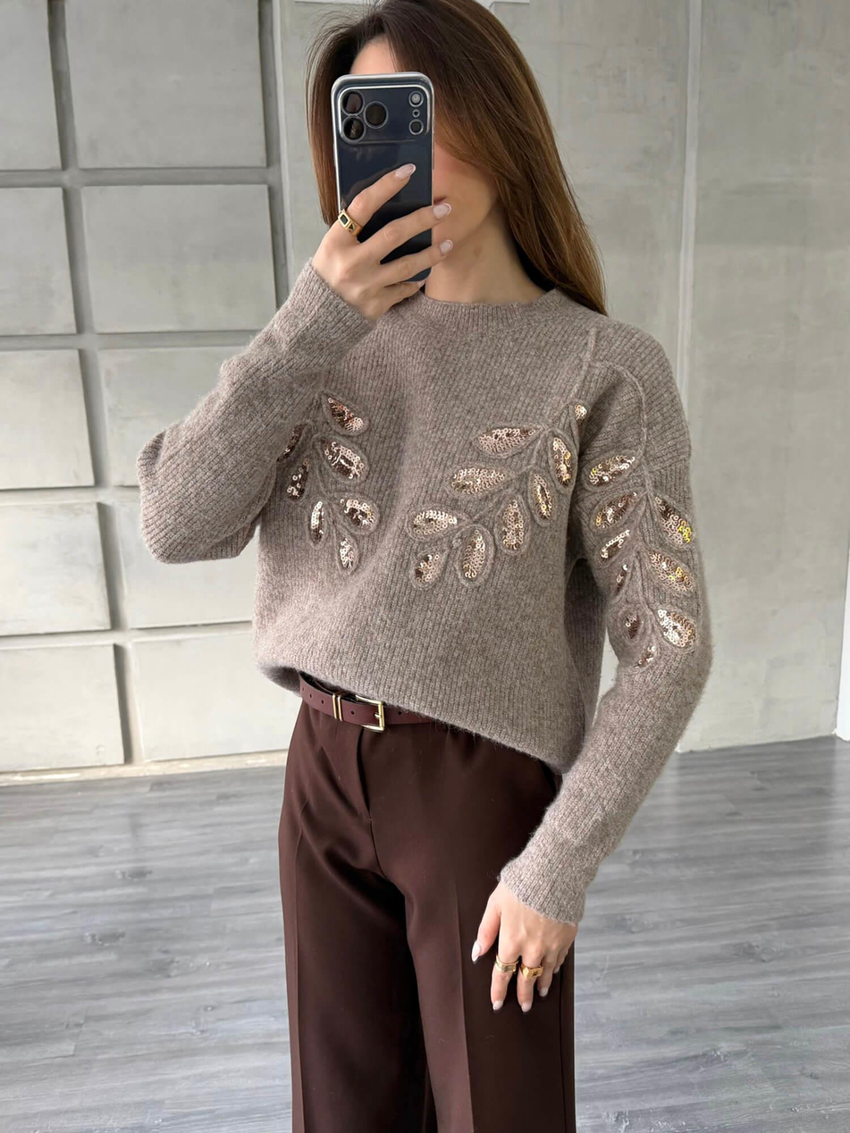 Pullu İşlemeli Kazak 7720 VizonCoral