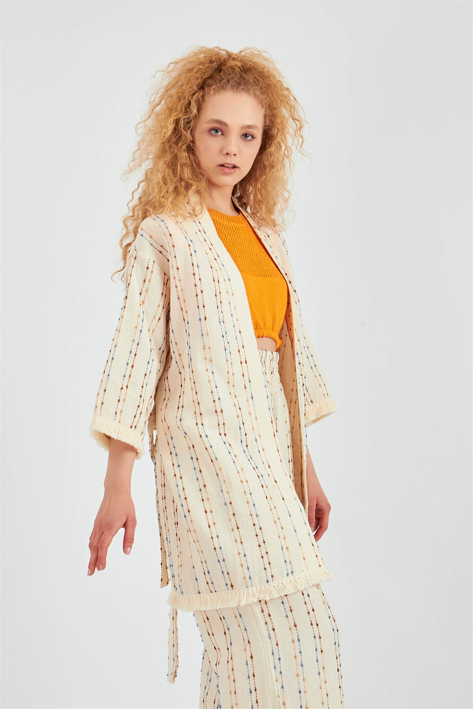 Püsküllü Kimono Ceket Naturel-Coral